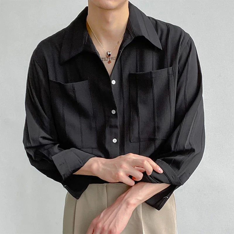 Men's Luxury Suit Collar Texture Shirt Vintage Casual Drapped Solid Color Button-down Long Sleeve Shirts for Men Spring Clothing