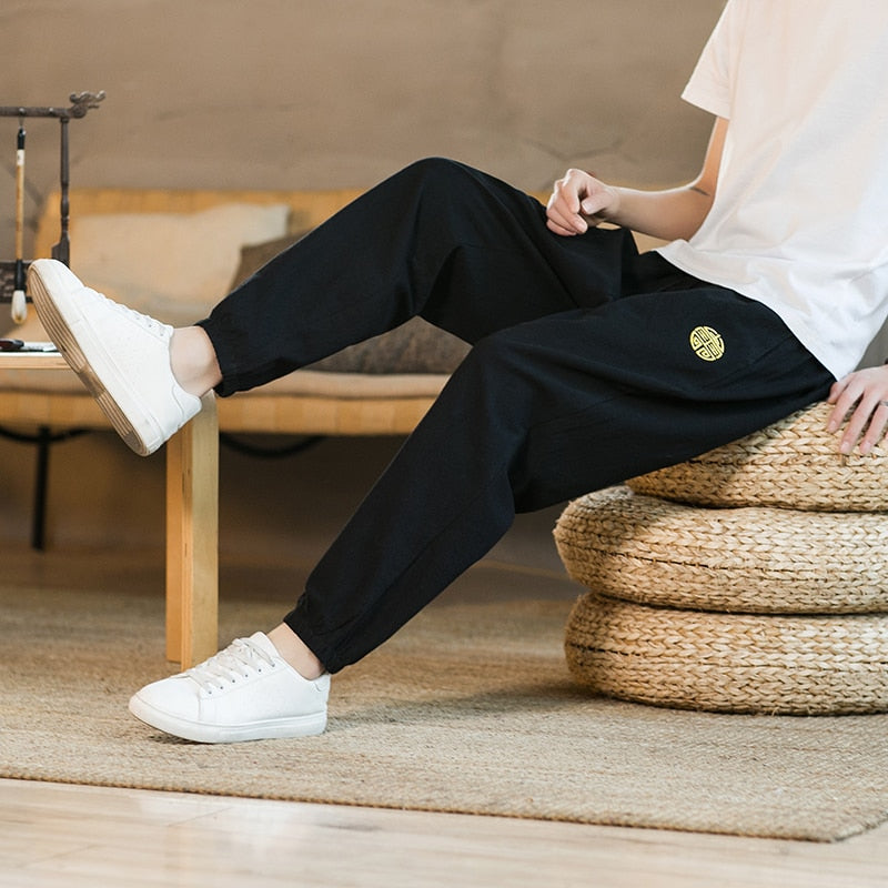 Summer Casual Chinese Style Cotton Linen Ninth Pants Men Fashion Embroidery Loose Harem Pants Men's Street Jogging Pants