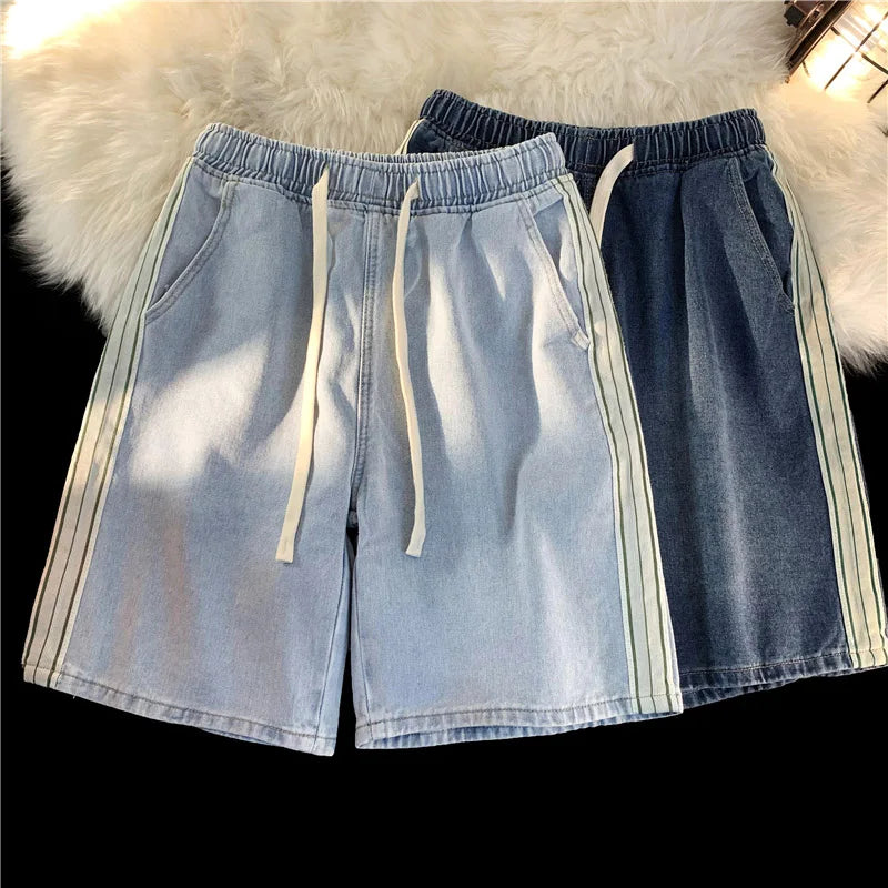 saferido Summer New Men's Denim Shorts Korean Street Loose Casual Shorts Fashion Elastic Waist Stitching Blue Five-point Pants