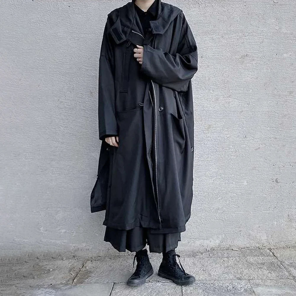 saferido Dark British Style Long Hooded Zipper Windbreaker Streetwear Personality Temperament Versatile Oversized Coat 2024 Autumn Unisex