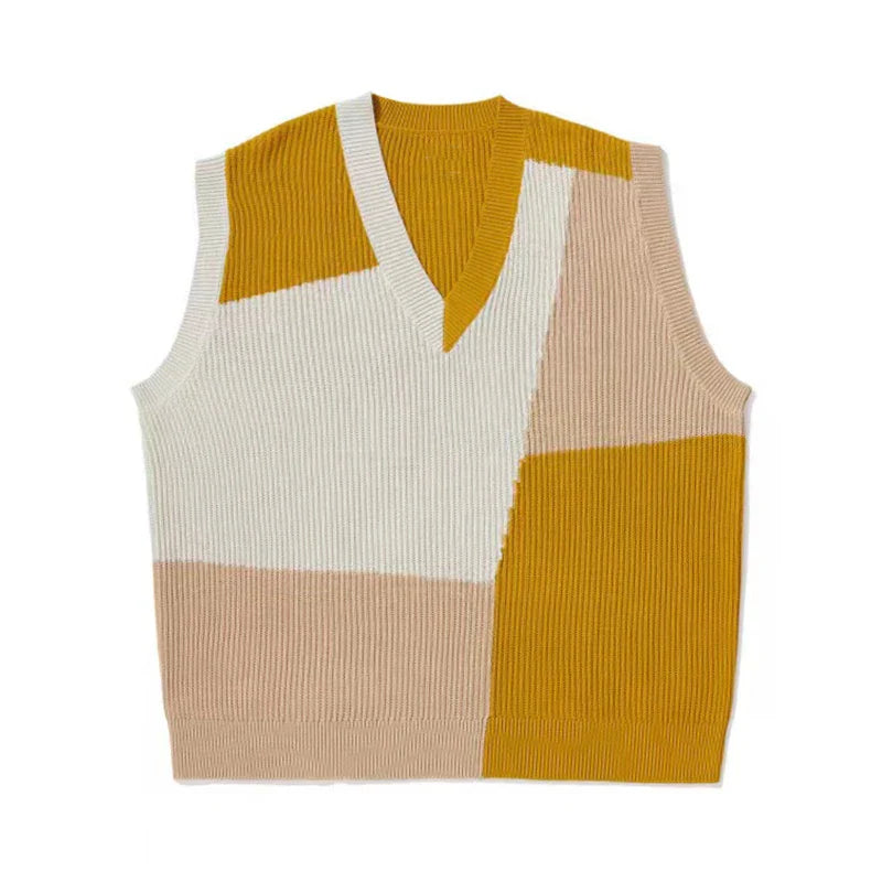 saferido Autumn New Sleeveless Knit Vest Geometric Pattern Pullovers Men's Cashmere Sweater Yellow Oversize Knitted Preppy Style Tops