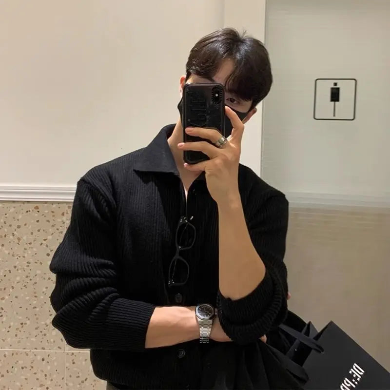 saferido Korean Style Fashion Solid Color Lapel Men's Knitted Cardigan Single Breasted High-end Long Sleeve Cardigan Men Sweater Coat