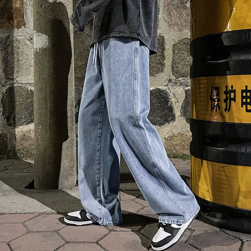 saferido Korean Fashion Men's Baggy Jeans Elastic Waist Classic olid Color Straight-leg Denim Wide-leg Pants Male Light Blue Grey Black