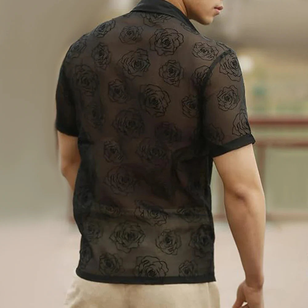 saferido Mens Sexy See-Through Lace Rose Short-Sleeved Shirt 2024 Spring Summer New Genderless Fashion Thin Solid Color Loose Top Unisex