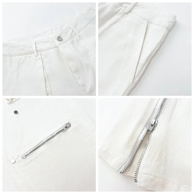 Hip Hop Vibe Heavy Functional Cargo Trousers for Men Fashionable Rivets Zipper Split Adjust Micro Flare Pants White Male Clothes