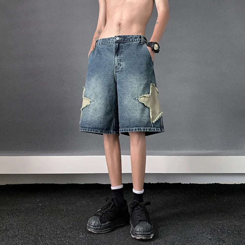 saferido Patch embroidered denim shorts for men's summer American high street capris casual breeches loose fitting youth pants