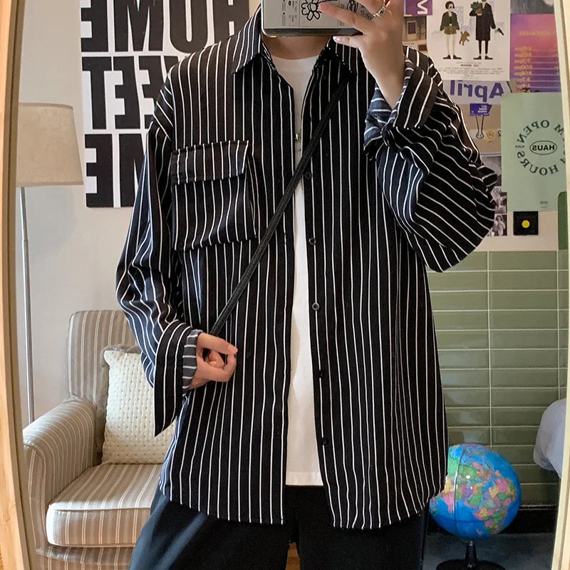 saferido Stripe Long Sleeve Shirt Japanese Streetwear High Quality Shirts Spring Autumn Harajuku Casual Coat Korean Clothes Men Clothing