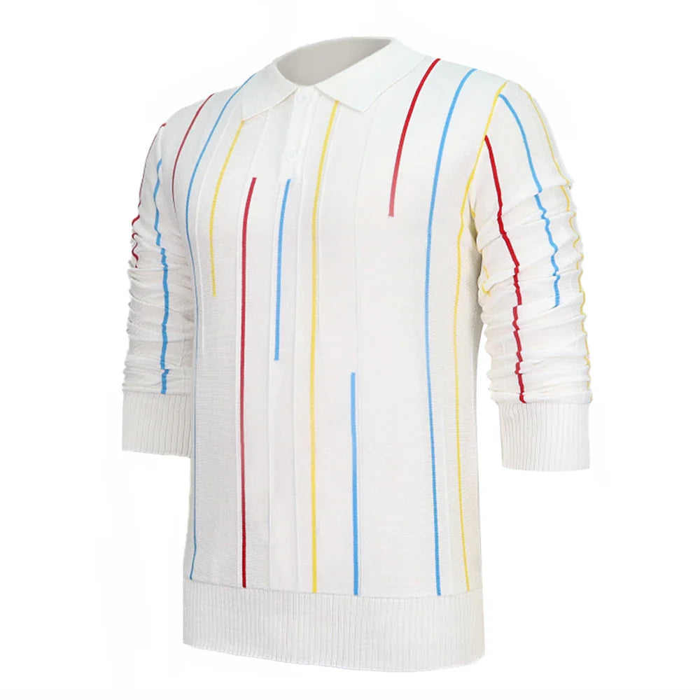 saferido Mens Striped Casual Knitted Polo Shirt Genderless Spring Autumn Thin Fashion Simple Loose Comfortable Long-Sleeve Shirt Unisex