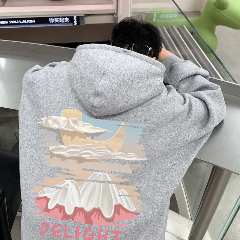 saferido Autumn New Men's Fashion Oversized Print Hooded Sweatshirt Trend Hip Hop American Retro Long Sleeve Sweatshirt