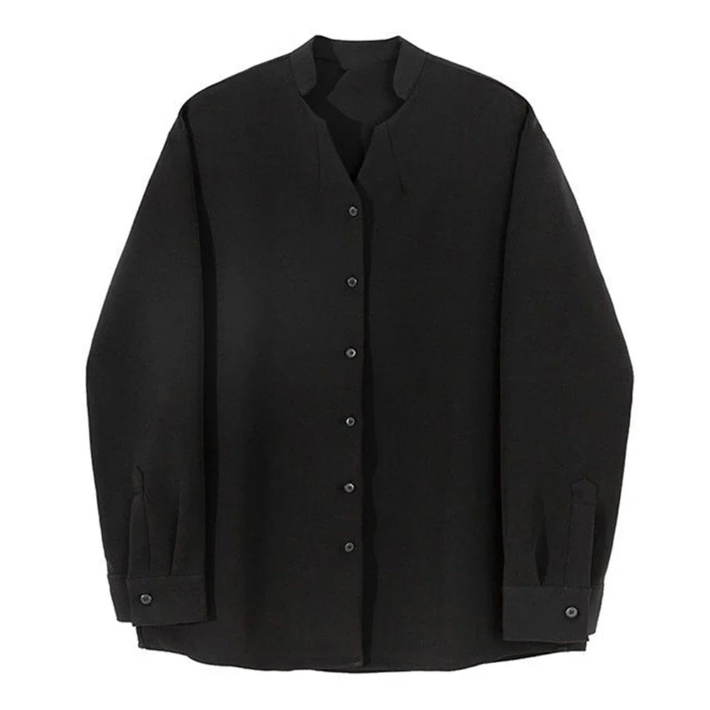 saferido Mens Casual V-Neck Long-Sleeved Shirts Genderless 2024 Spring Summer New Fashion Solid Color Versatile Youth Trend Tops Unisex