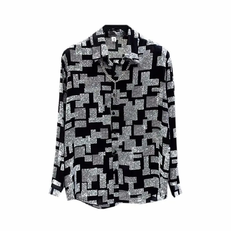 Men Spring Summer New Fashion Long Sleeve Casual Shirts Male Loose Print Blouses Men Button Up Ice Silk Thin Shirts