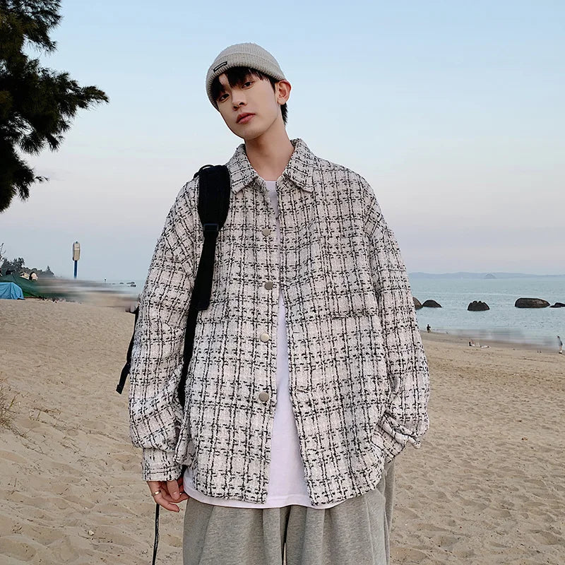 saferido French small fragrance coat men's fashion high sense men's clothing spring and autumn tweed woven thousand bird check shirt men