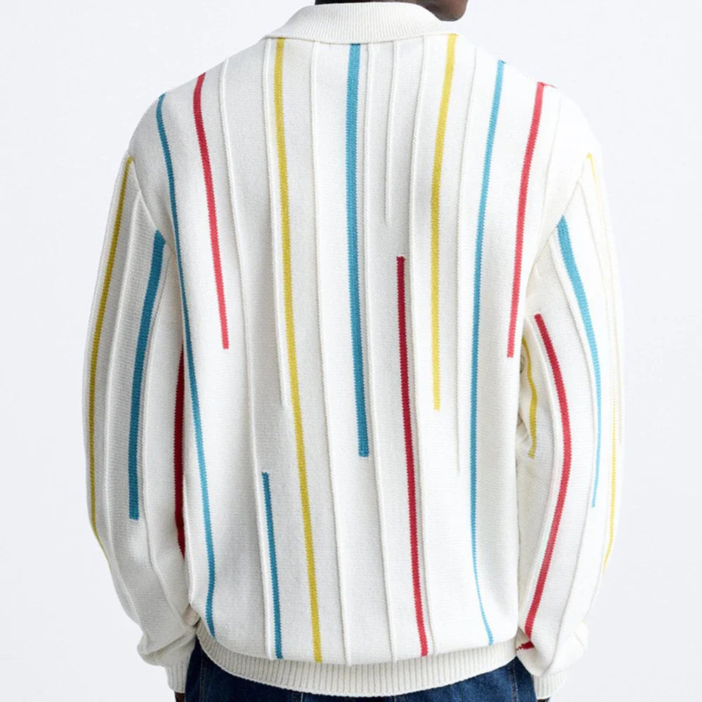 saferido Mens Striped Casual Knitted Polo Shirt Genderless Spring Autumn Thin Fashion Simple Loose Comfortable Long-Sleeve Shirt Unisex