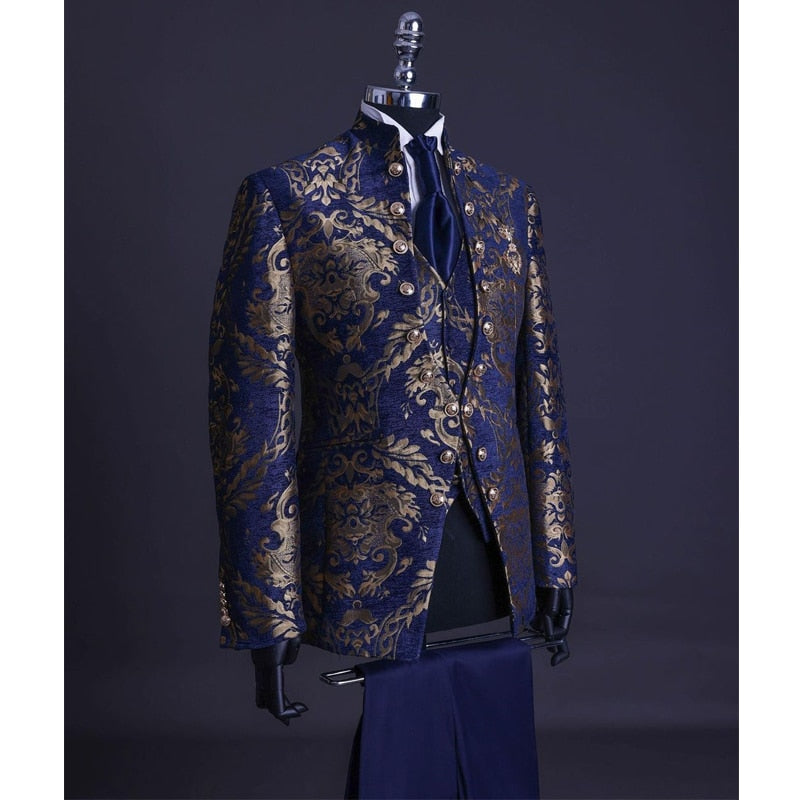 Floral Jacquard Wedding Suits for Men with Stand Collar Double Breasted Navy Blue Formal Groom Tuxedo Jacket Vest Pants 3 Piece