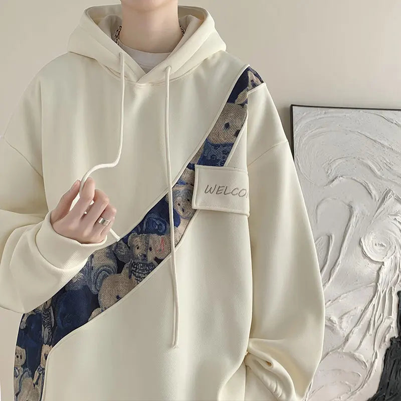 saferido Korean Style Streetwear Men Hooded Sweatshirt Trendy Side Embroidery Design Loose Hoodie Casual Drawstring Hoodies
