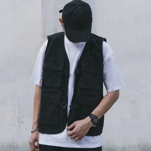 saferido Mens Vest Jacket Summer Thin Hip Hop Cargo Vest Design Tooling Pocket Vest Fashion Outwear Clothes Harajuku