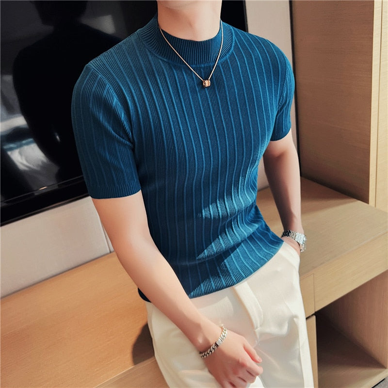 Summer Knitted Elasticity T Shirt Men Half High Collar Short Sleeve Casual Slim Fit Sweater Tops Tees Social Club T-Shirt