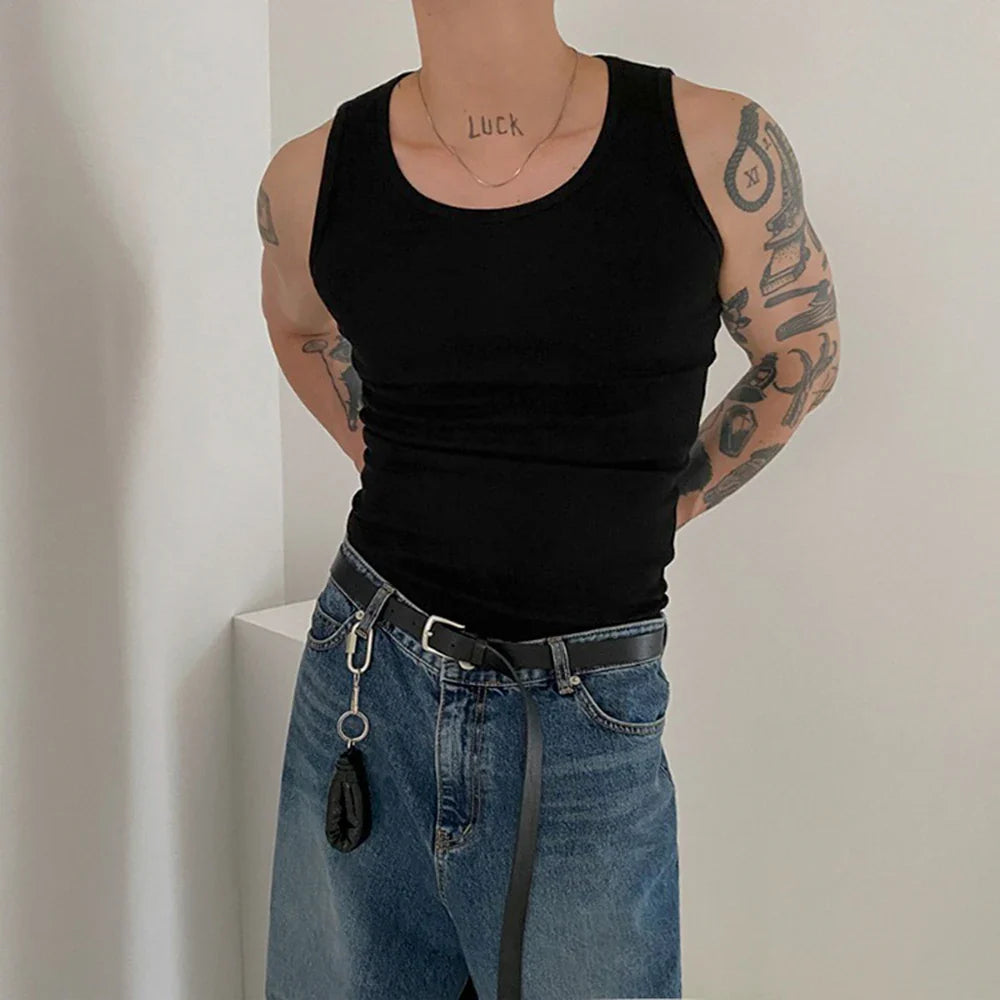 saferido American Sport Tank Top Tide Men's Summer Versatile Sleeveless T-shirt Fashion Solid Undershirts Fitness Cotton Bottoming Shirt