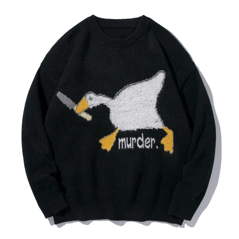 Men Harajuku Sweater Cartoon Spoof Goose Print Pullover Casual O-neck Knitted Top Hip Hop Loose Sweater Couple Streetwear Fall