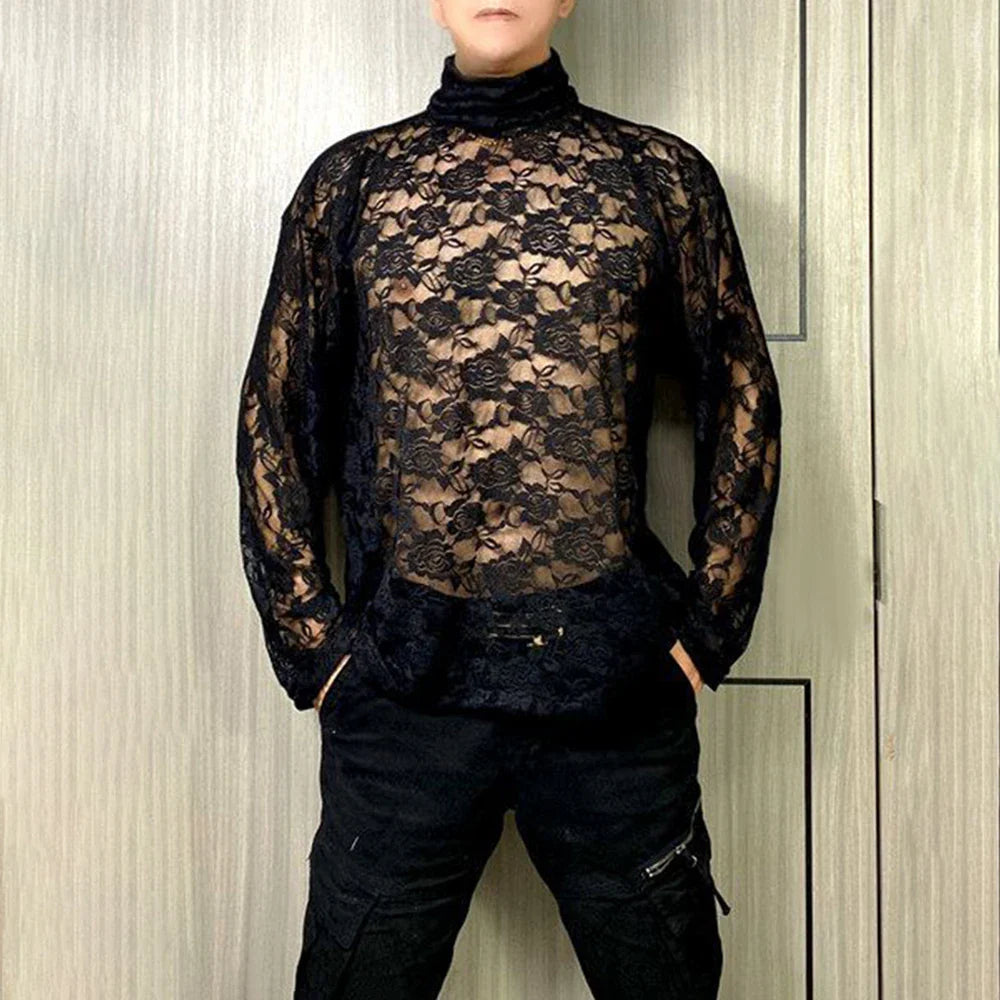 saferido Mens Spring Autumn Lace Transparent Sexy Rose High Neck Long Sleeve T-Shirt Genderless Hollow Breathable Jacquard Top Unisex