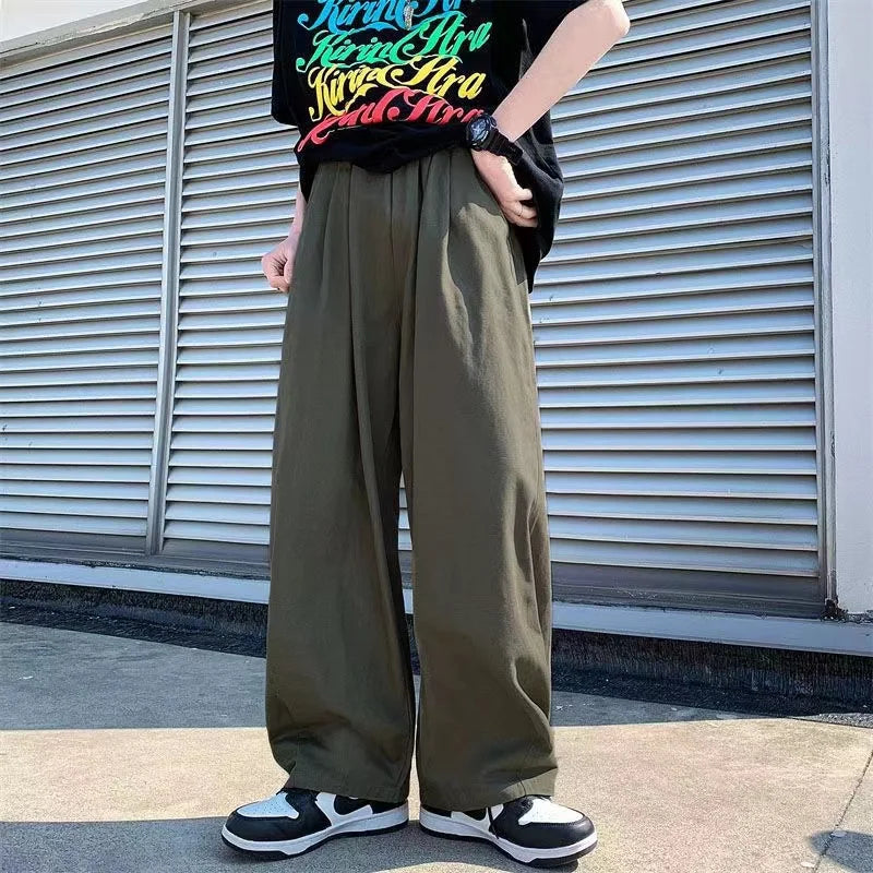 saferido Spring Cotton Wide Leg Pants Men Fashion Solid Color Casual Pants Men Streetwear Korean Loose Straight Pants Mens Trousers S-5XL