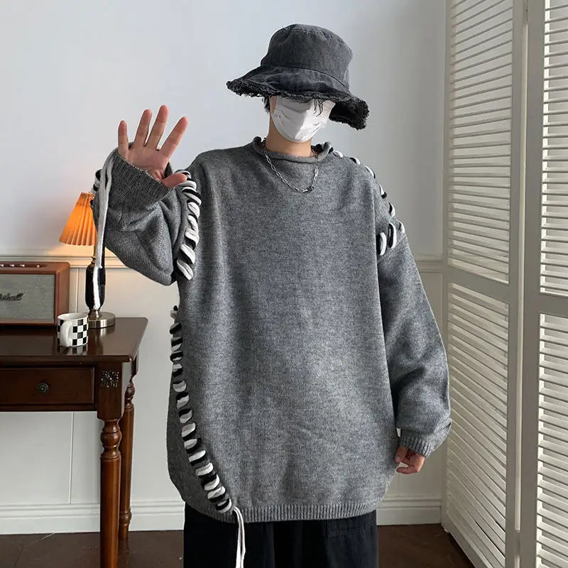 saferido Lace-Up Ribbon Loose Knit Sweater bf Oversized Pullover Women Man 2024 y2k clothing hiphop punk goth harajuku streetwear grunge
