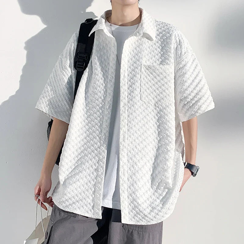 saferido Men's Short Sleeve Shirts Solid Color Blouses Fashion Streetwear Clothes College Style Tops Spring Summer Male Cardigan