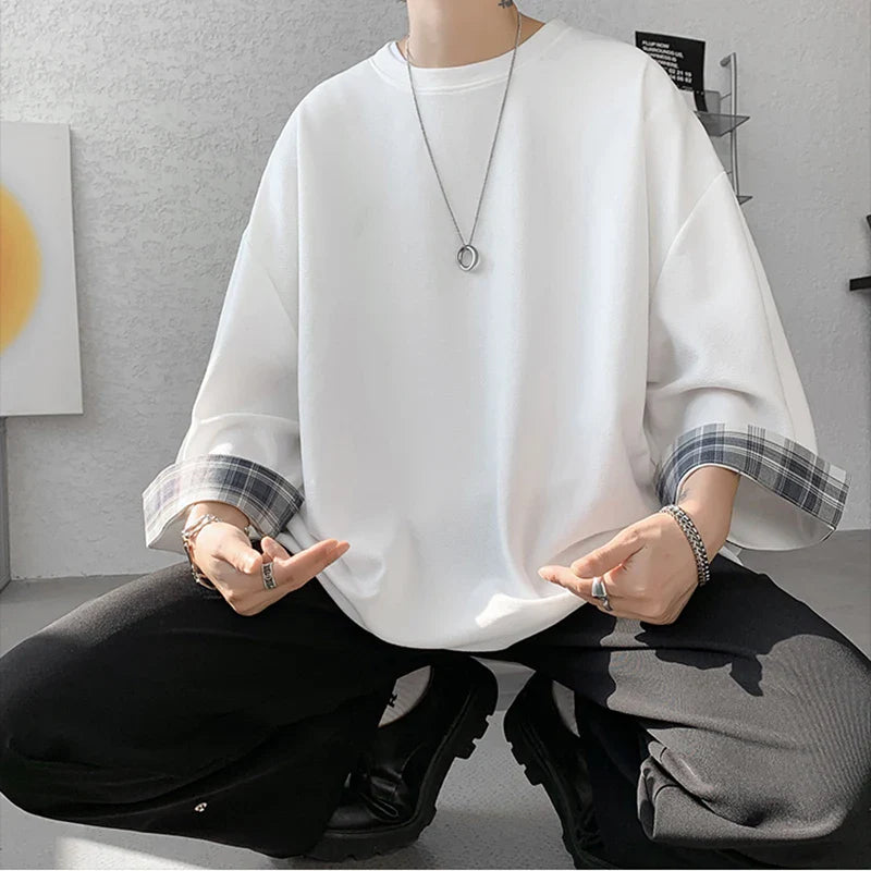 saferido Spring Summer Men's T-shirts Women Oversized 2XL Korean Style Loose Plaid T-shirt Casual Seven sleeves T-Shirt Male White