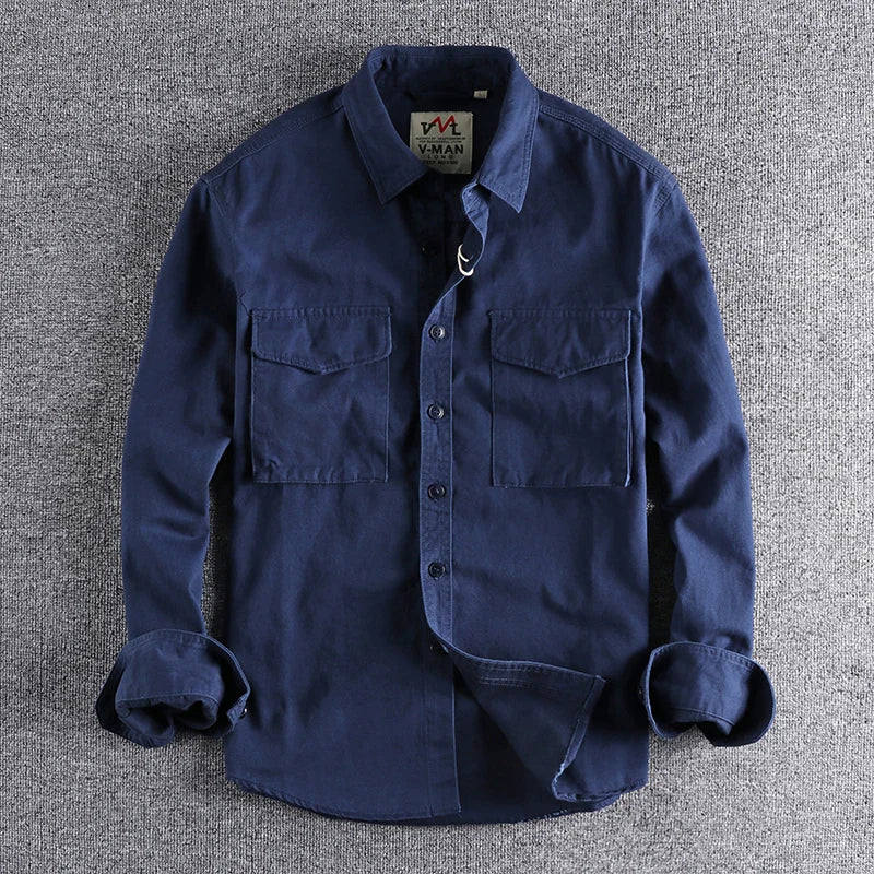 Autumn new khaki retro wash solid color work shirt men's three-dimensional pocket trend loose jacket