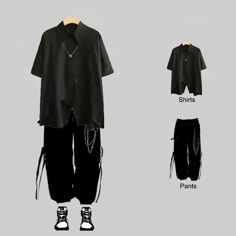 saferido New Men Streetwear Two-piece Suit Splice Chain Long Sleeve+Ribbon Chain Pants Harajuku Cargo Pants 2 Piece Sets Mens Outfits