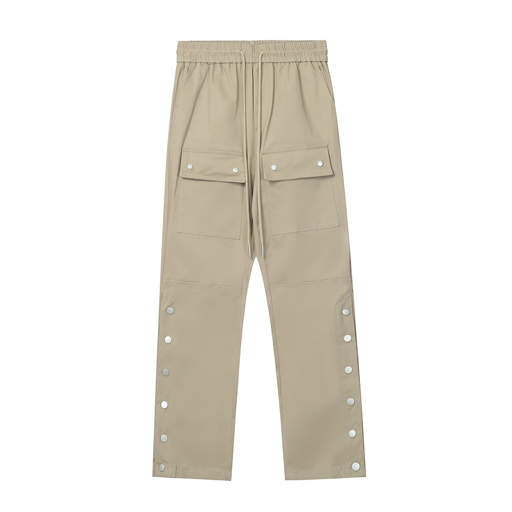 Side Ankle Button Pockets Drawstring Cargo Pants Men's Straight Solid Color Streetwear Baggy Casual Overalls Y2K Unisex Trousers