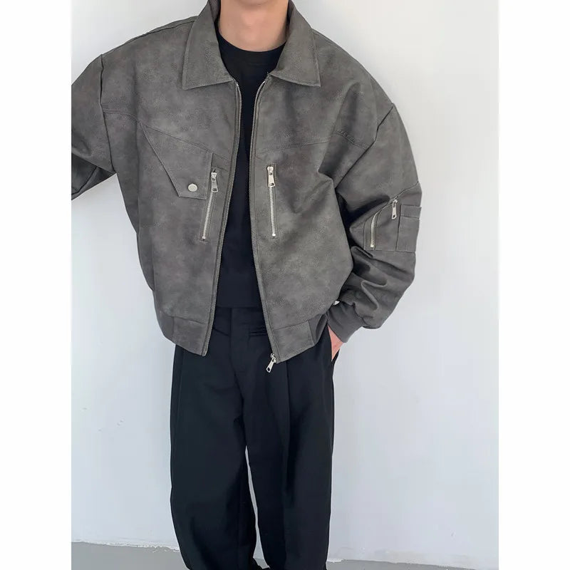 saferido Short Leather Jacket Men Oversized Fashion Casual Motorcycle Jackets Men Streetwear Hip-hop Loose Bomber Jacket Mens Outwear