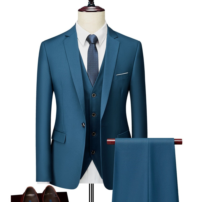 Men Slim Business Casual Suits Dress Three-piece Set Jacket Pants Vest / Male Wedding Groom Blazer Coat Trousers Waistcoat