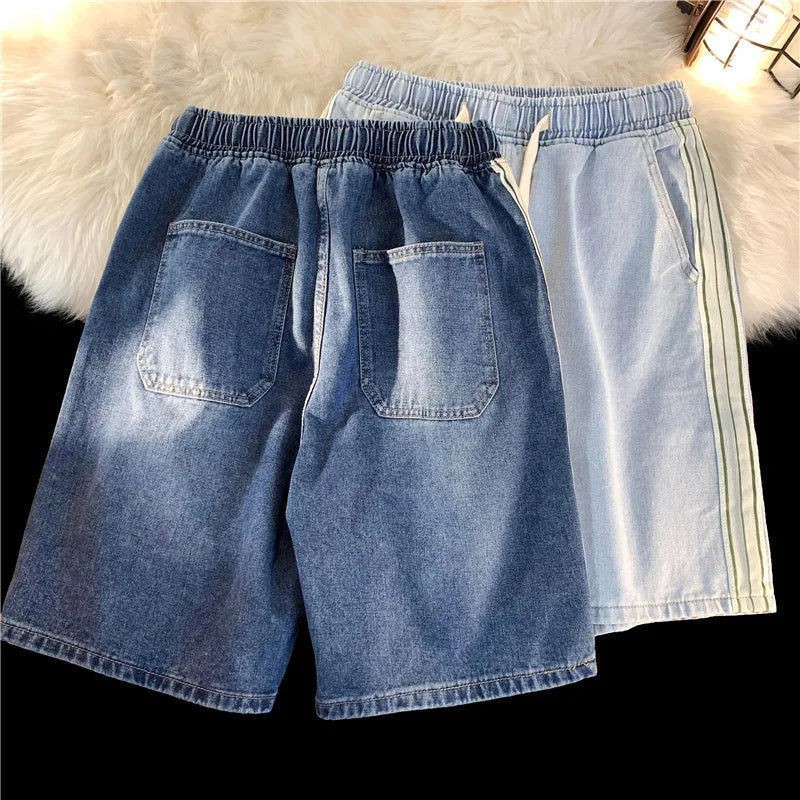 saferido Summer New Men's Denim Shorts Korean Street Loose Casual Shorts Fashion Elastic Waist Stitching Blue Five-point Pants