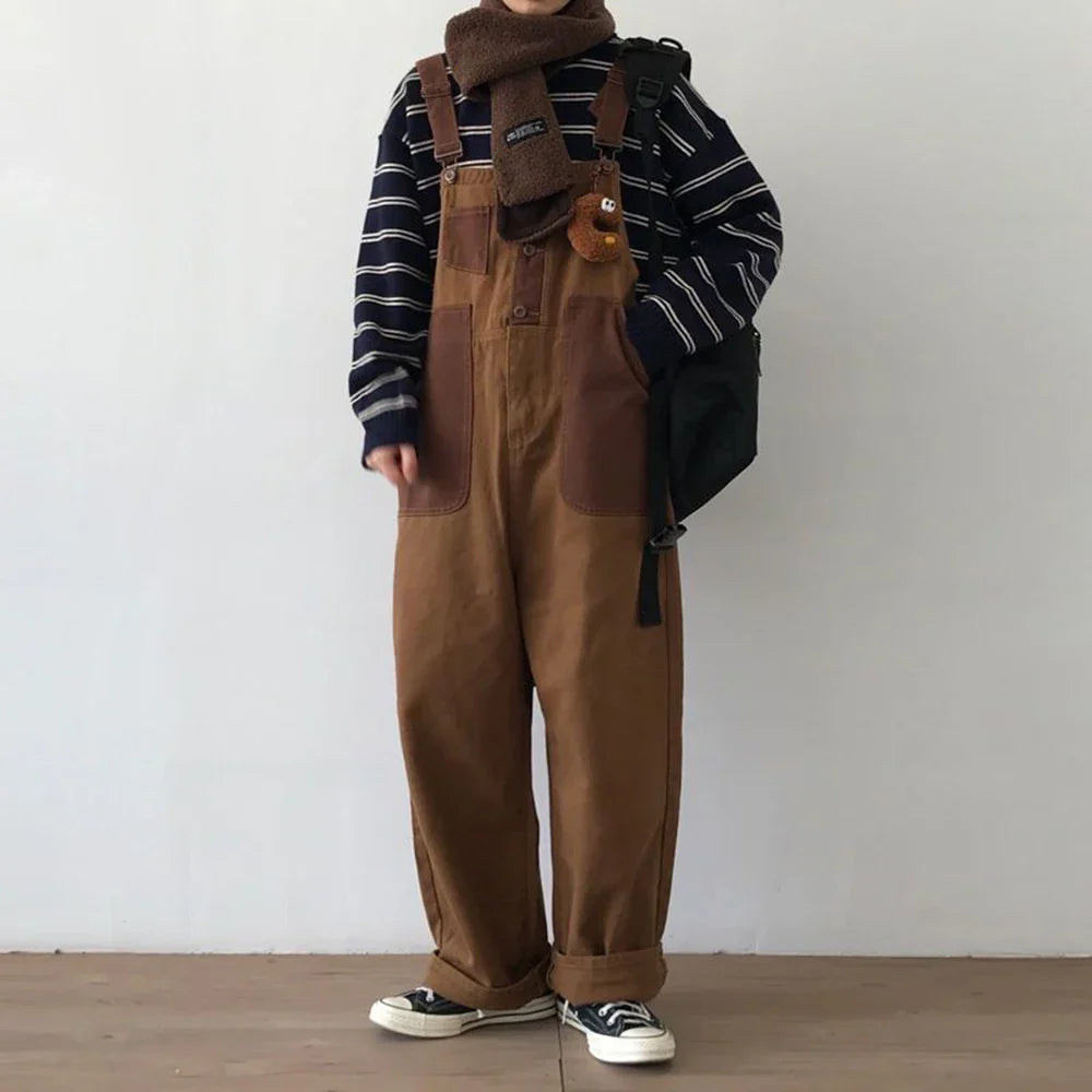 saferido Mens Japanese Workwear Style Casual Jumpsuit 2024 New Genderless Fashion Trend Loose Color Blocking Versatile Overalls Unisex