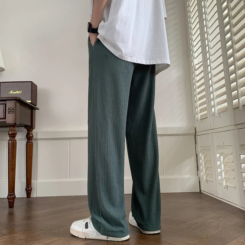 saferido Summer Pleated Pants Men Fashion Oversized Ice Silk Pants Men Streetwear Loose Straight Pants Mens Baggy Trousers M-3XL