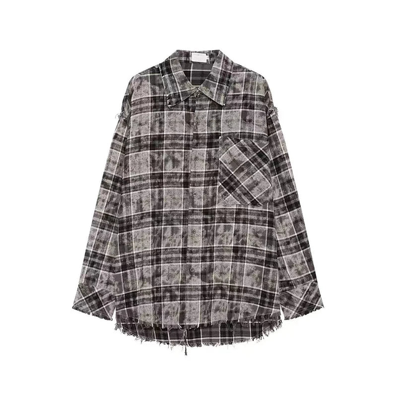 Autumn Men's Clothing Light Luxury Texture Plaid Shirts Korean Popular Vintage Long Sleeve Button-down Check Ripped Shirts