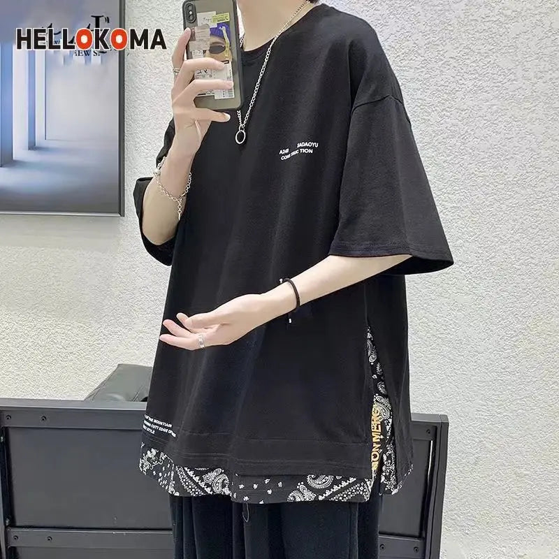 saferido Street Casual Fashion Loose Pullovers Patchwork T-Shirts Short Sleeve Man Spring Summer Thin Hooded Round Neck Men's Clothing
