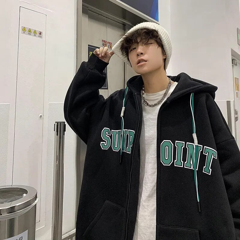 Autumn Men Zipper Hoodies Casual Loose Plus Size Coat 2023 Grey Oversized Pocket Outerwear Streetwear Harajuku Zip Up Sweatshirt