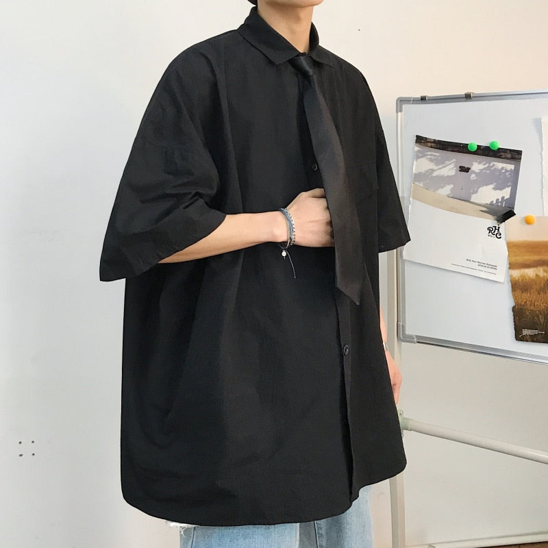 saferido Summer New Fashion Loose Solid Shirts Men's Casual Short Sleeve Shirts Turn-down Collar Clothing Blouses Tops Q02