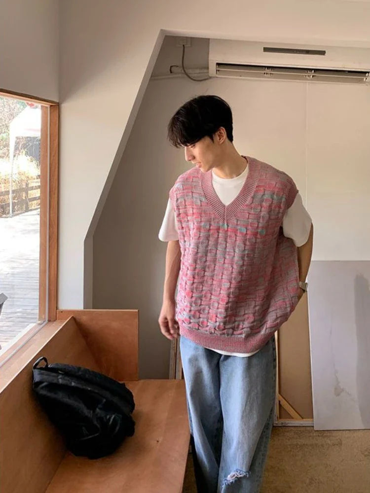saferido Man Clothes Waistcoat Vest Knitted Sweaters for Men Sleeveless V Neck Pink Japanese Harajuku Fashion Korean Autumn Wool Fun