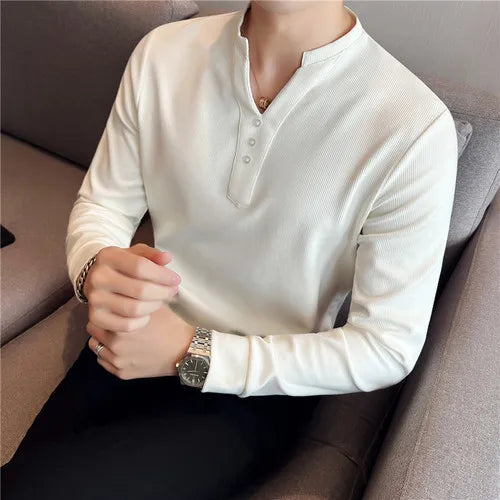 saferido British Style Men's Summer Casual Long Sleeve V-Neck T-Shirts/Male Slim Fit High Quality T-Shirt Tees Plus size S-4XL