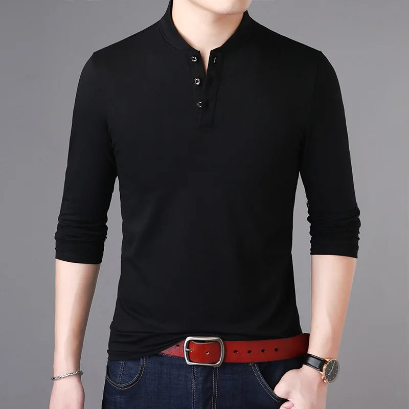saferido New Spring Autumn Casual Men T Shirt Cotton Long Sleeve Stand Collar Tops Tees Mens Slim Fit Solid Color Tshirt Men Clothing