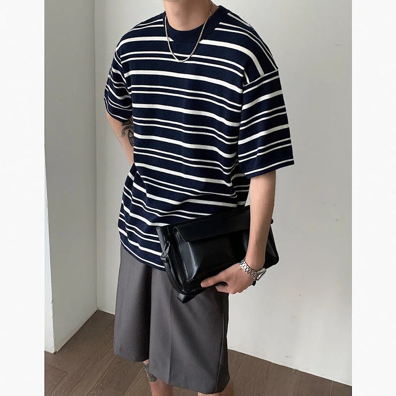 saferido Korean Style Men's Loose Pullover Round Neck Knit T-shirts Striped Printing Top Clothes Tshirts Apricot/navy Color T Shirts