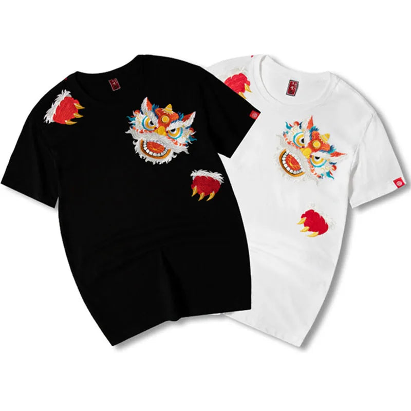 saferido Spring And Summer New Short-sleeved T-shirt Men's Round Neck Half-sleeved Lion Embroidery Loose Cotton Couple