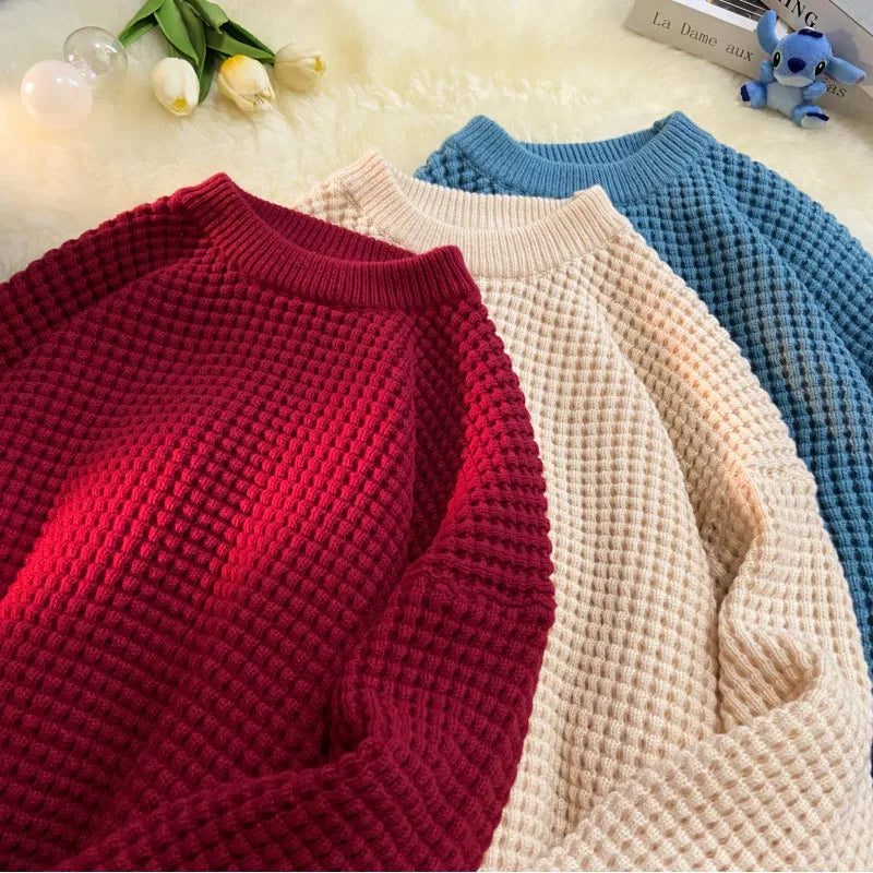 saferido Korean Solid Color Baggy Sweater Men's Knitting Pullovers Crew Neck Pullover Women Harajuku Knitwear Christmas Red Knitted