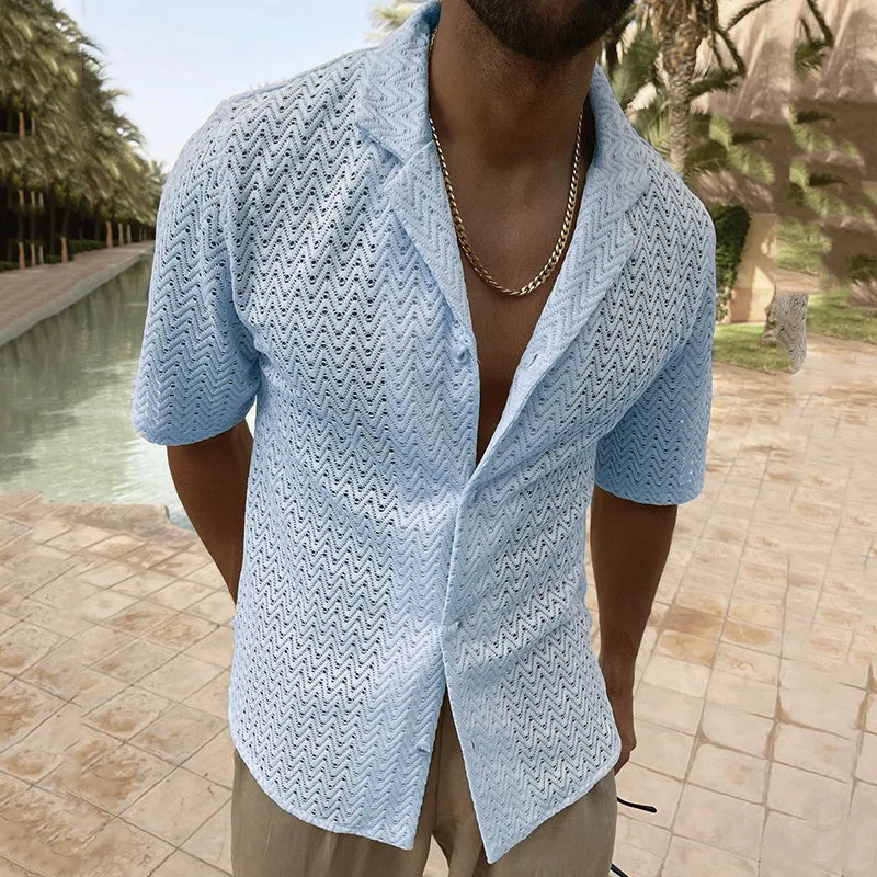 saferido Spring Summer Fashion Hollow Out Knit Shirts Men Solid Color Short Sleeve Button Lapel Tops For Mens Clothes Leisure Shirt