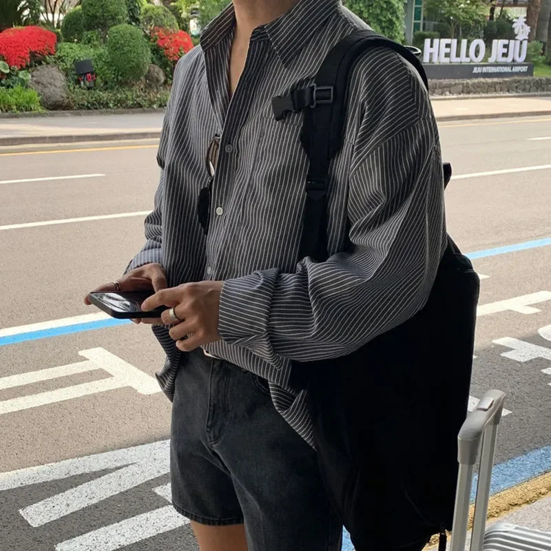 Unisex Oversized Striped Shirt Coat Men's Long Sleeve Casual Loose Fit Fashion Japanese Korean Style Sun Protection Clothing