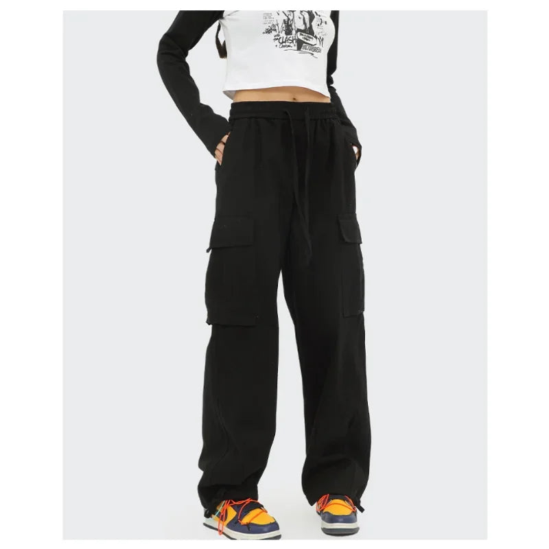 saferido Japanese Vintage Wide Leg Overalls Fashion Label Large Pocket Men's Leggings Casual Trousers for Men Women Sweatpants Joggers