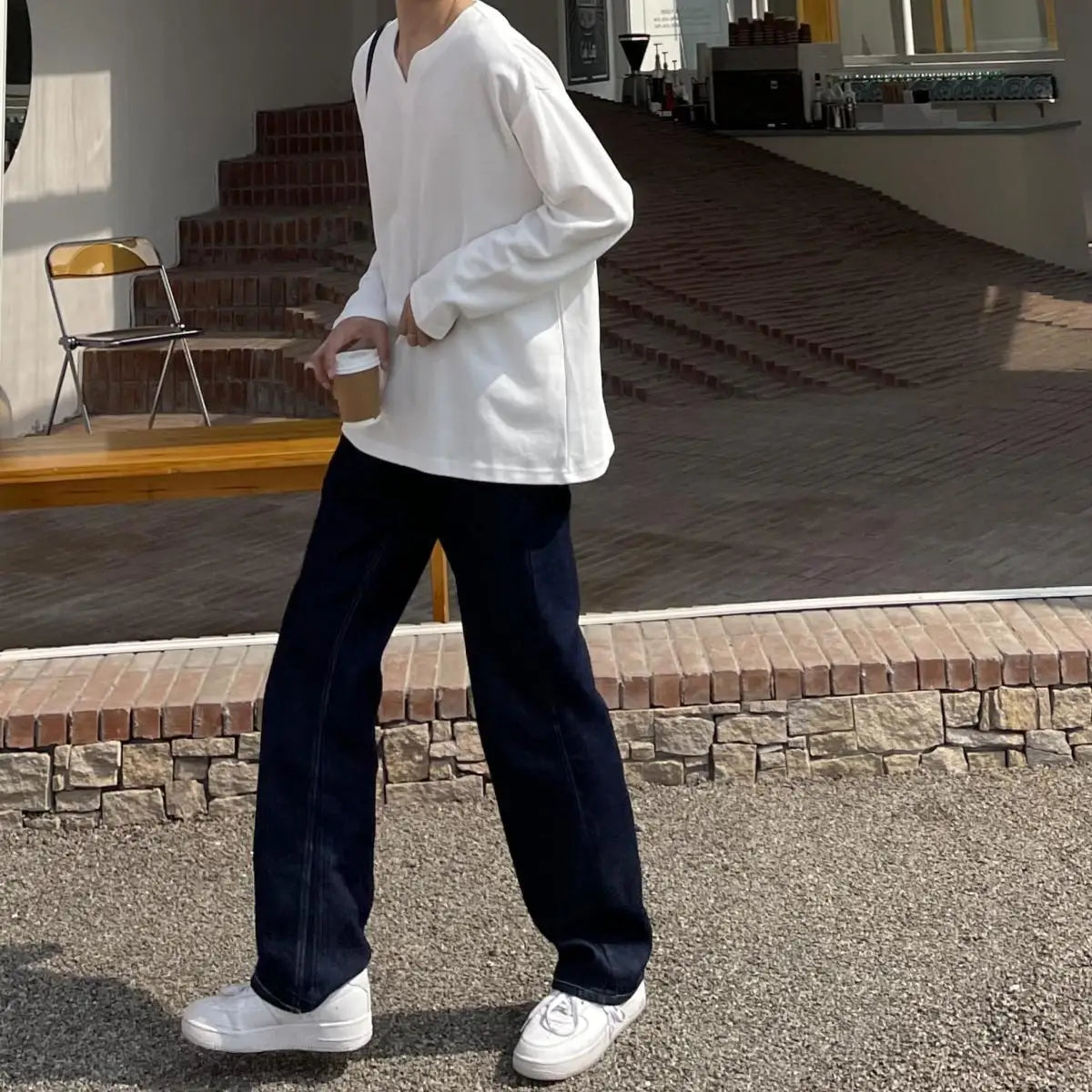 Autumn 100% Cotton V-neck Long Sleeve T-shirts Men Ins Korean Casual Solid Color Tops High-end Design Loose Bottoming Shirt Men